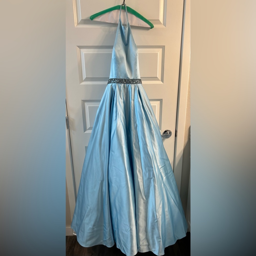 Light blue Sherri Hill ball gown with gem detailing on the waist